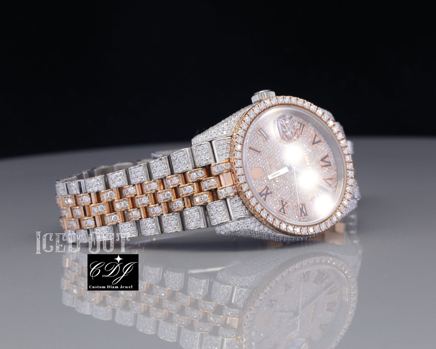 Luxury Men Women Hip Hop Natural Diamonds Wrist Watches Two Tone Handmade Stainless Steel Fully Iced Out Diamond Watches  customdiamjewel   