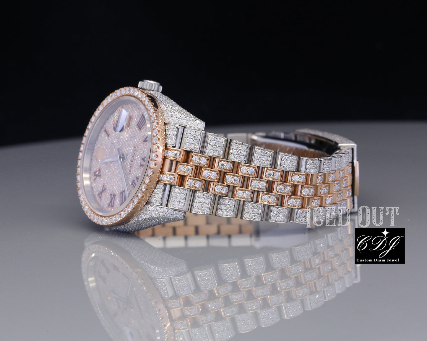 Luxury Men Women Hip Hop Natural Diamonds Wrist Watches Two Tone Handmade Stainless Steel Fully Iced Out Diamond Watches  customdiamjewel   