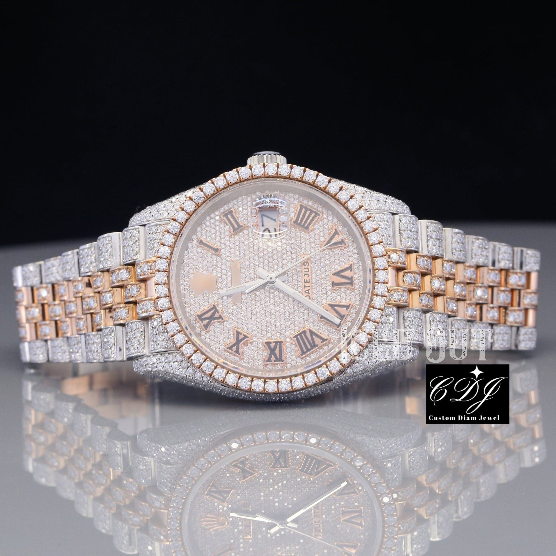 Luxury Men Women Hip Hop Natural Diamonds Wrist Watches Two Tone Handmade Stainless Steel Fully Iced Out Diamond Watches  customdiamjewel   