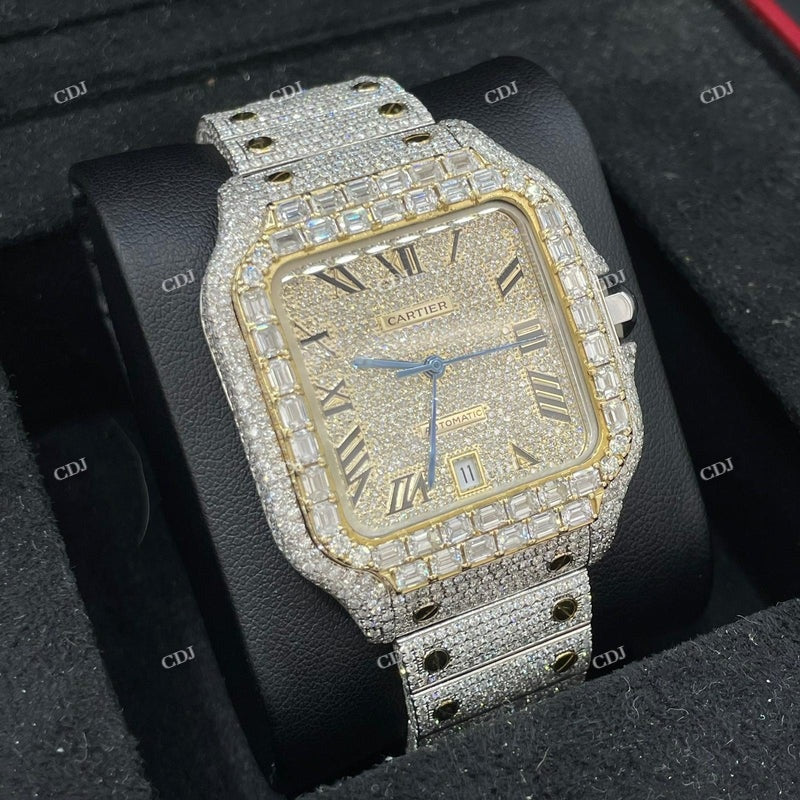 Two Tone Iced Out Cartier Baguette Cut Bezel Watch  customdiamjewel   