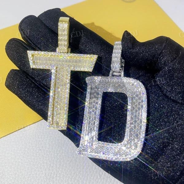 Round Mix Bagtuette Style Iced Out Letter Pendant  customdiamjewel   