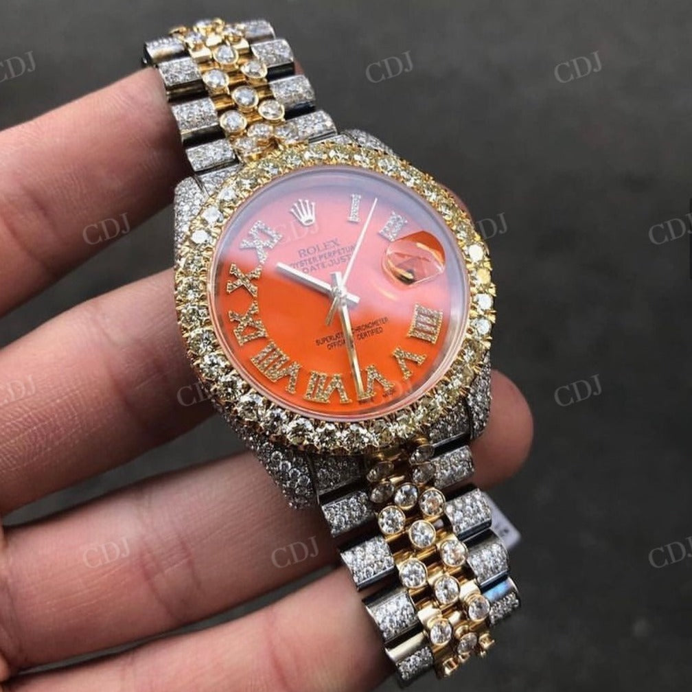 Orange Dial Diamond Iced Out Rolex Watch  customdiamjewel   