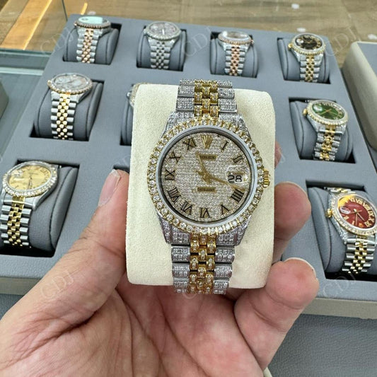 Yellow White Two Tone Roman Dial Moissanite Diamond Rolex Watch hip hop jewelry CustomDiamJewel   