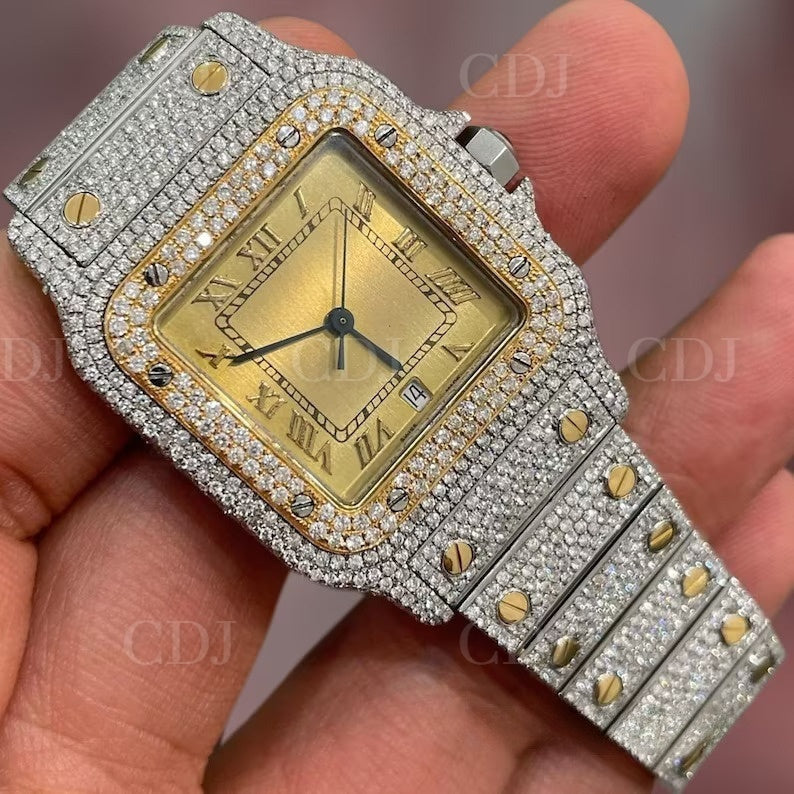 Cartier Gold Plated Moissanite Hip Hop Stainless Steel Mens Diamond Watch 23 To 28 Carat(Approx.)  customdiamjewel   