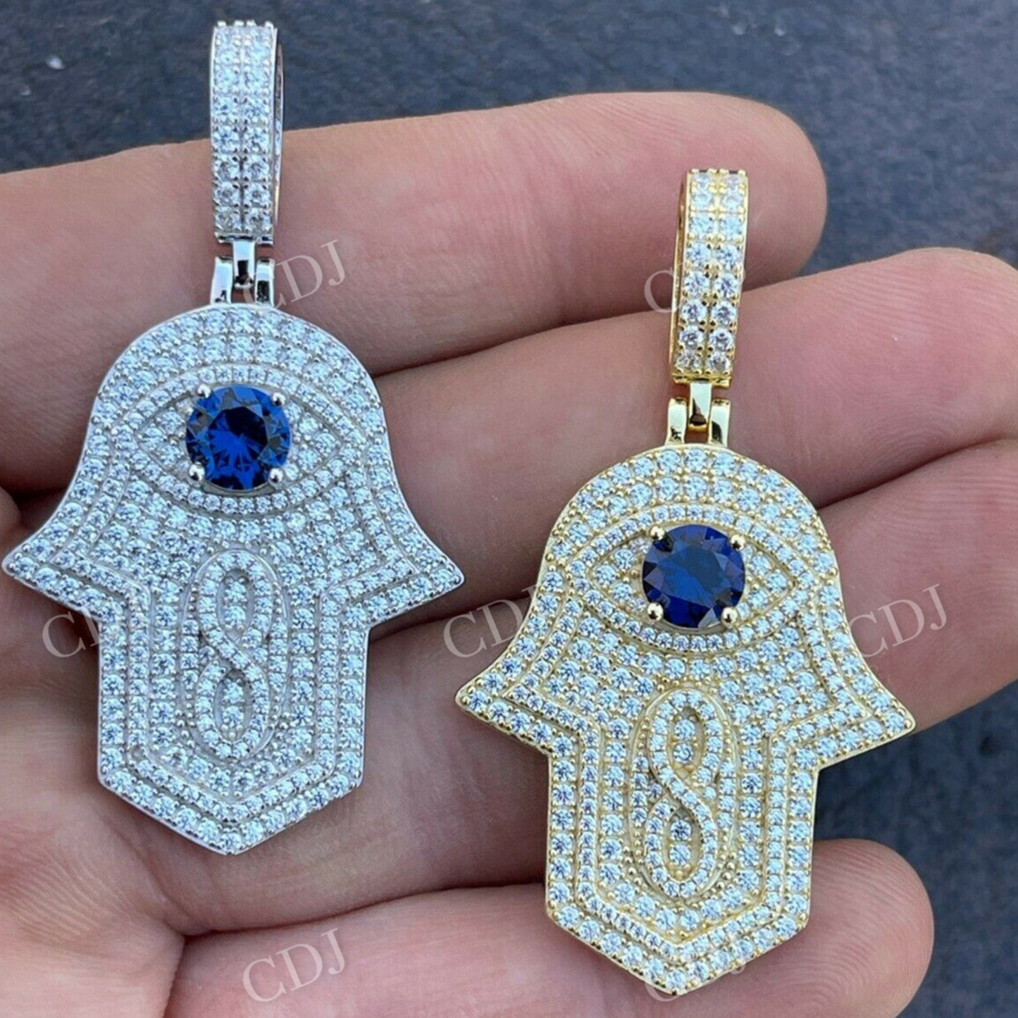 18K Gold Evil Eye Hamsa Hand Hip Hop Pendant  customdiamjewel   