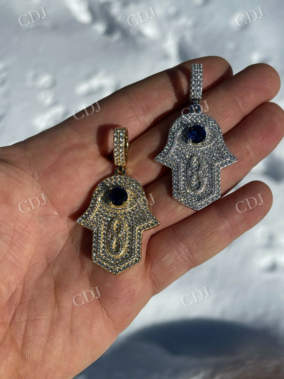 18K Gold Evil Eye Hamsa Hand Hip Hop Pendant  customdiamjewel   