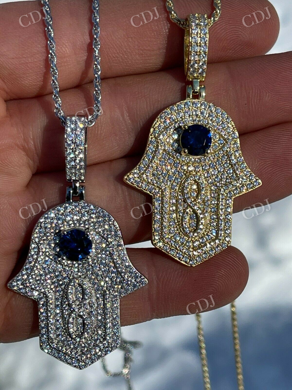 18K Gold Evil Eye Hamsa Hand Hip Hop Pendant  customdiamjewel   