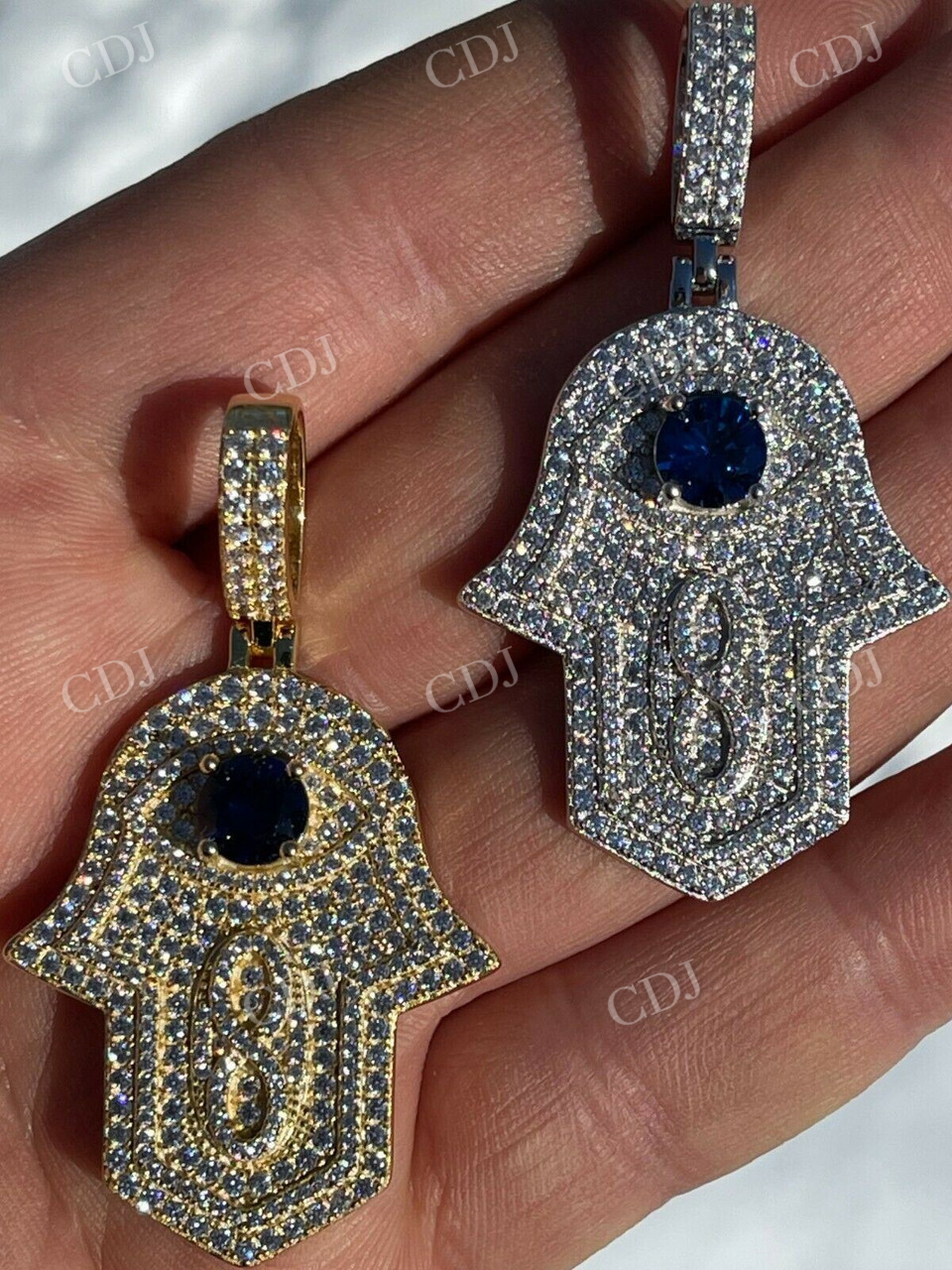 18K Gold Evil Eye Hamsa Hand Hip Hop Pendant  customdiamjewel   