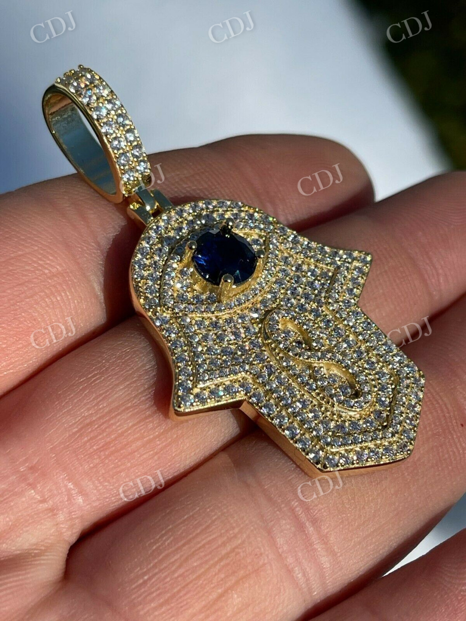 18K Gold Evil Eye Hamsa Hand Hip Hop Pendant  customdiamjewel   