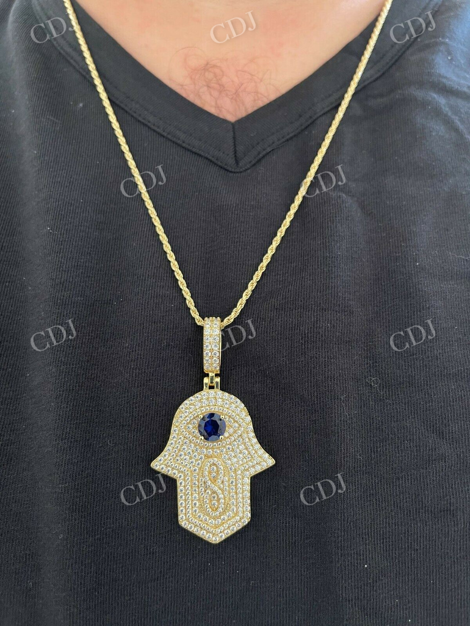 18K Gold Evil Eye Hamsa Hand Hip Hop Pendant  customdiamjewel   