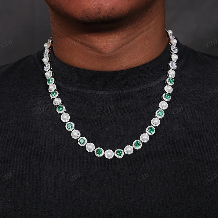 S925 9mm Green Diamond And Pearl Chain hip hop jewelry CustomDiamJewel