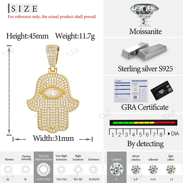 Iced Out Diamond Moissanite Hamsa Hand Pendant hip hop jewelry CustomDiamJewel