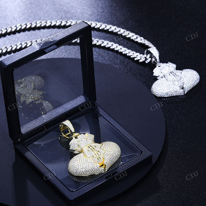 S925 Moissanite Broken Heart Money Bag Pendant hip hop jewelry CustomDiamJewel