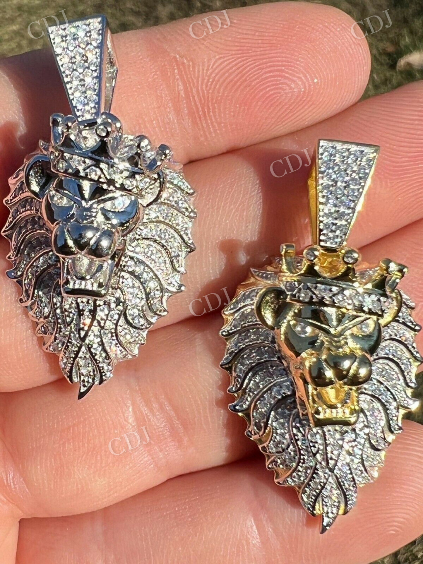 Mens 925 Silver Gold Iced Diamond Rasta Lion Crown Africa Pendant  customdiamjewel   