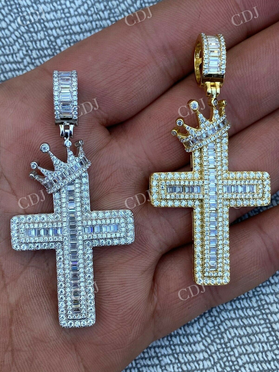 Baguette Diamond Cross W. King Crown Iced Gold Pendant  customdiamjewel   