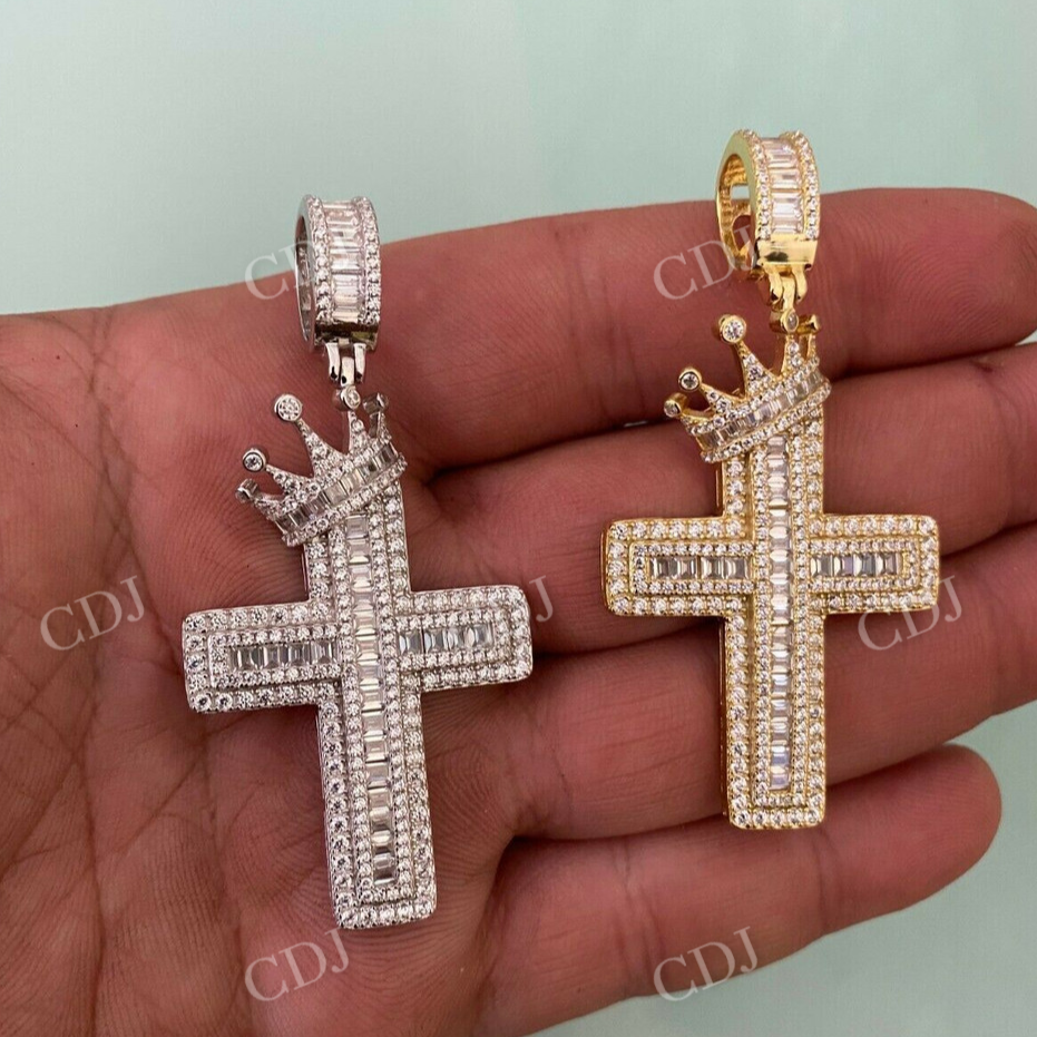 Baguette Diamond Cross W. King Crown Iced Gold Pendant  customdiamjewel   