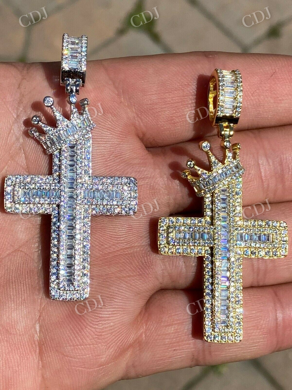 Baguette Diamond Cross W. King Crown Iced Gold Pendant  customdiamjewel   