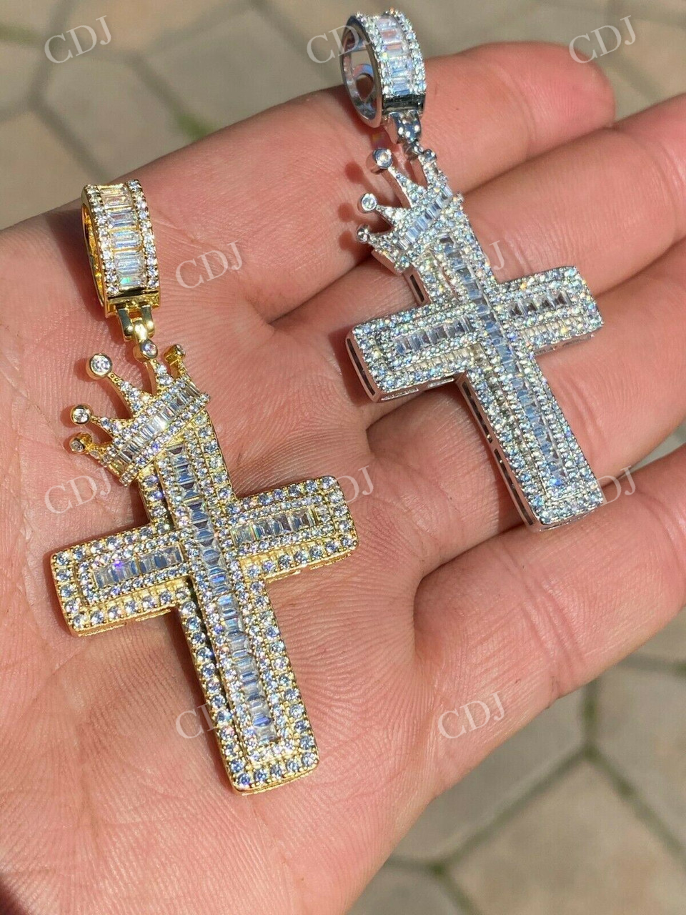 Baguette Diamond Cross W. King Crown Iced Gold Pendant  customdiamjewel   