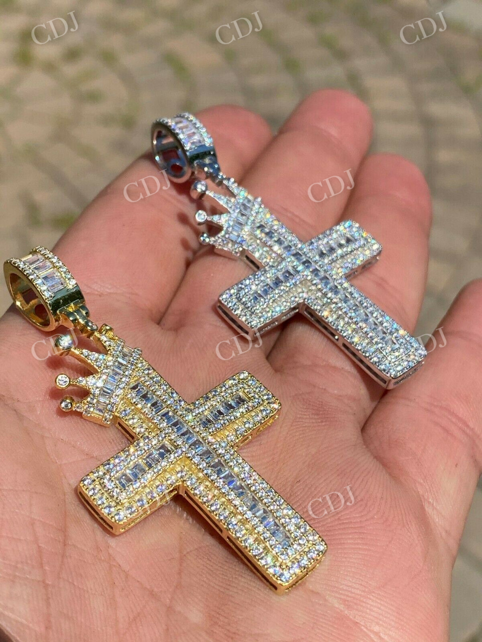 Baguette Diamond Cross W. King Crown Iced Gold Pendant  customdiamjewel   