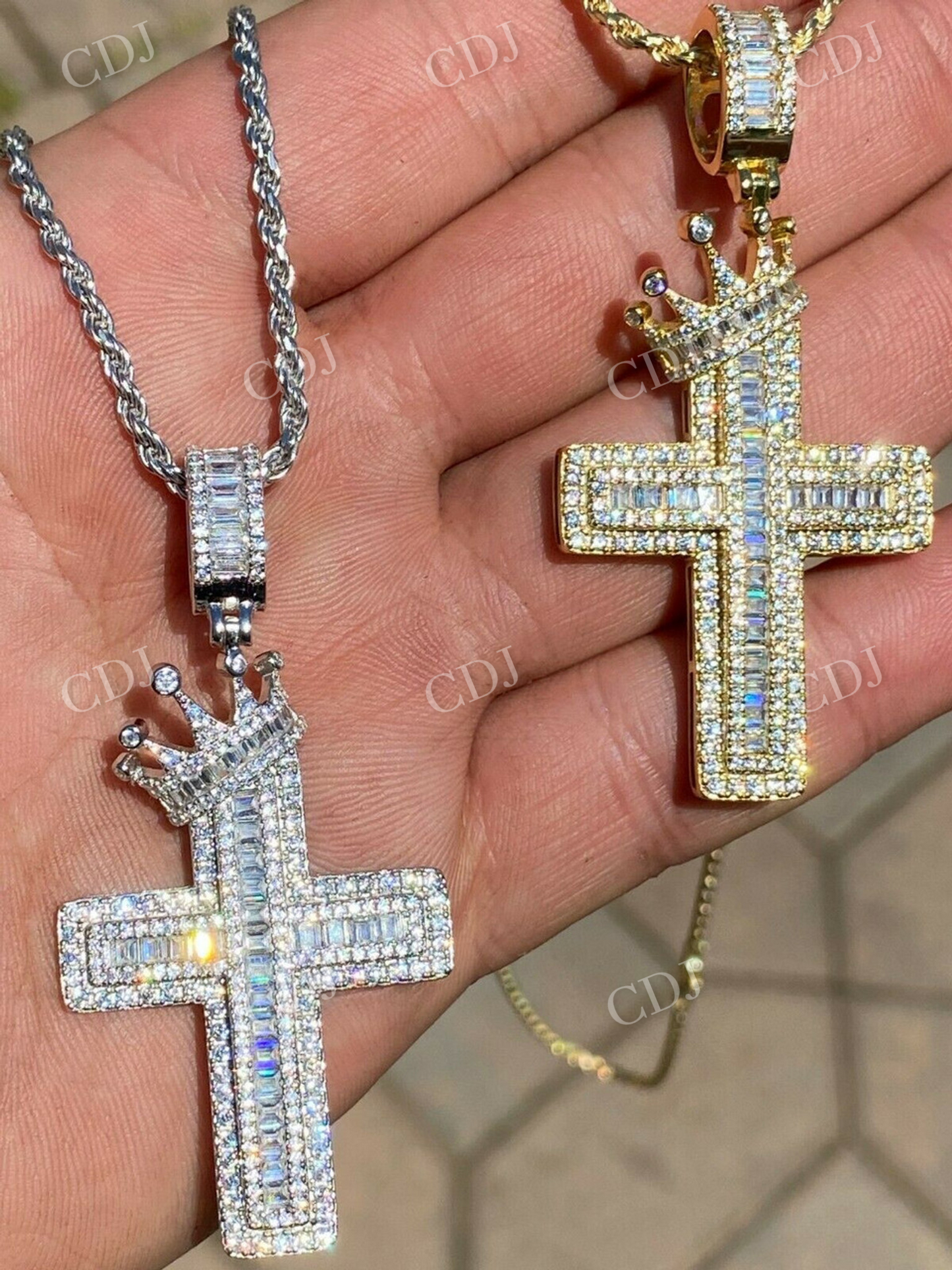 Baguette Diamond Cross W. King Crown Iced Gold Pendant  customdiamjewel   