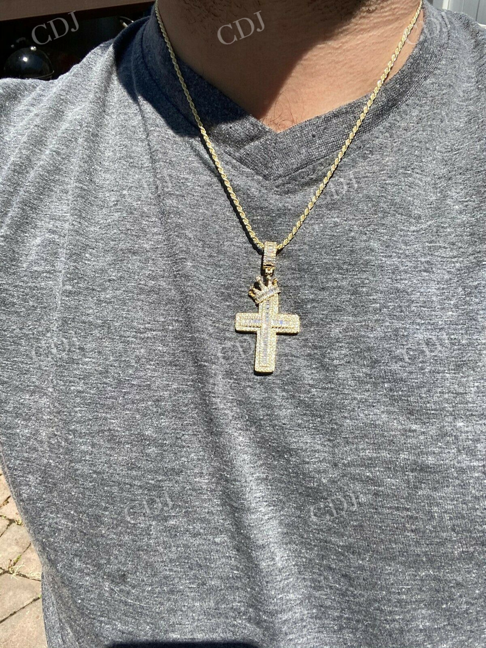 Baguette Diamond Cross W. King Crown Iced Gold Pendant  customdiamjewel   