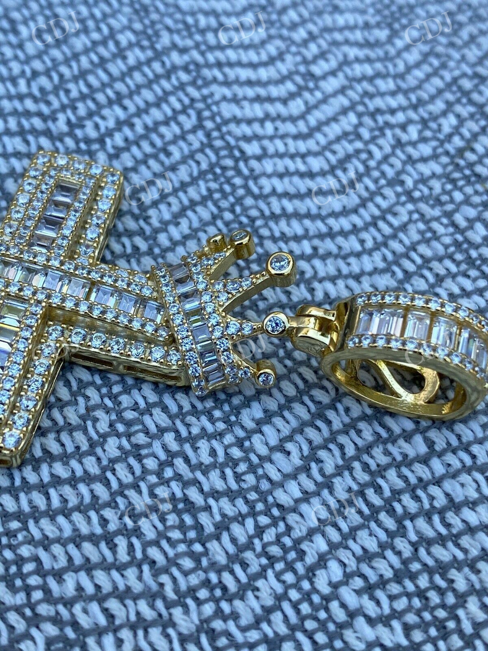 Baguette Diamond Cross W. King Crown Iced Gold Pendant  customdiamjewel   