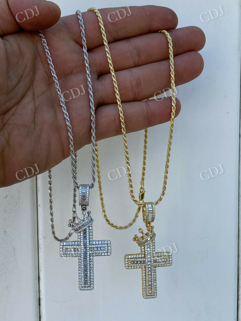 Baguette Diamond Cross W. King Crown Iced Gold Pendant  customdiamjewel   