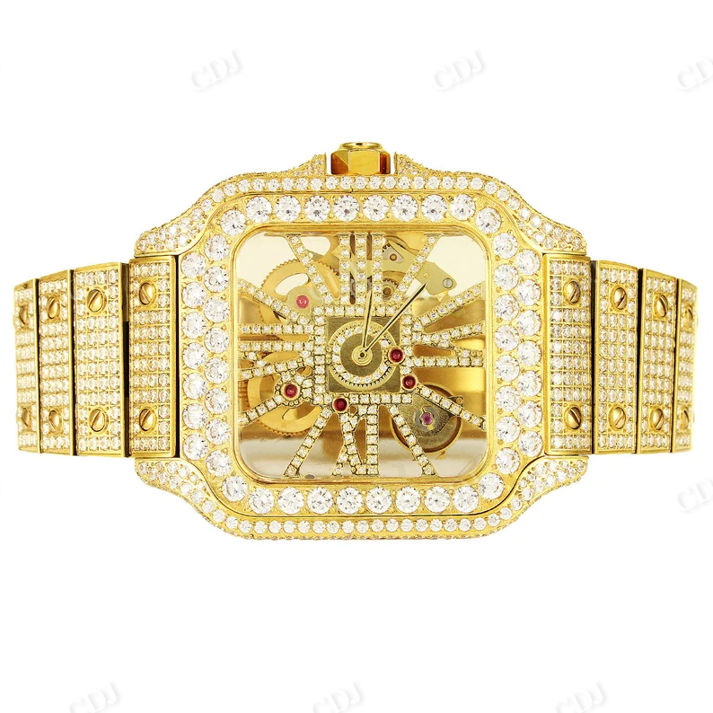 Luxury Cartier Moissanite Skeleton Square Dial Case Hip Hop Yellow Tone Watch  customdiamjewel   