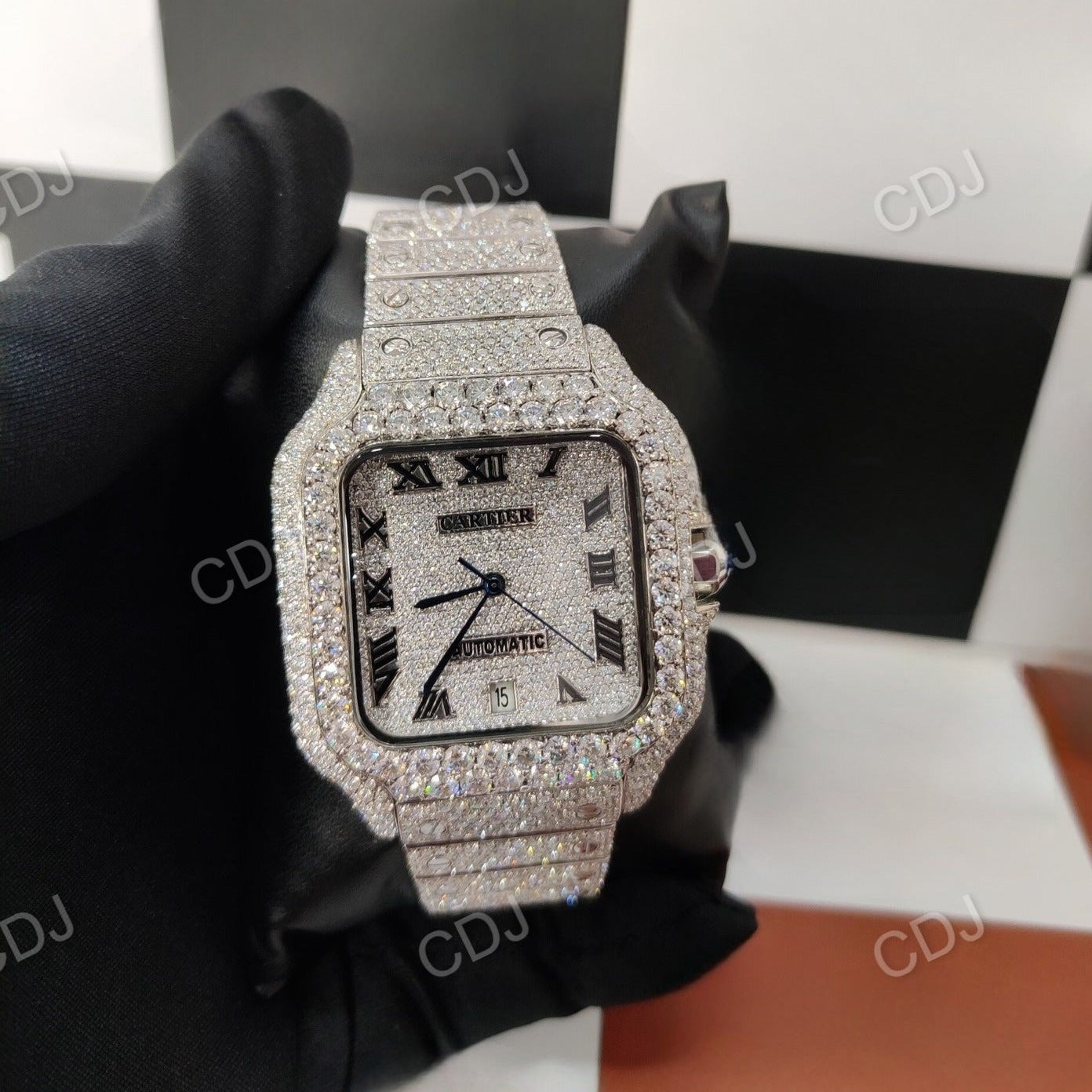 Cartier Square Dial Natural Diamond Studded Buss Down Automatic Swiss Movement Watch 25 to 28 Carats (Approx.)  customdiamjewel   