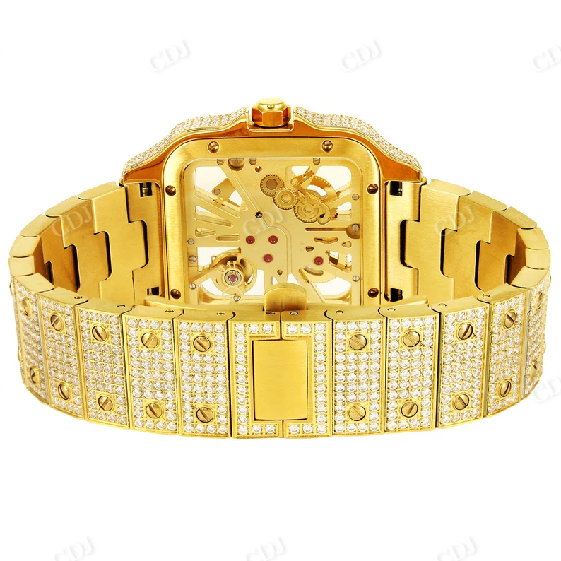 Luxury Cartier Moissanite Skeleton Square Dial Case Hip Hop Yellow Tone Watch  customdiamjewel   