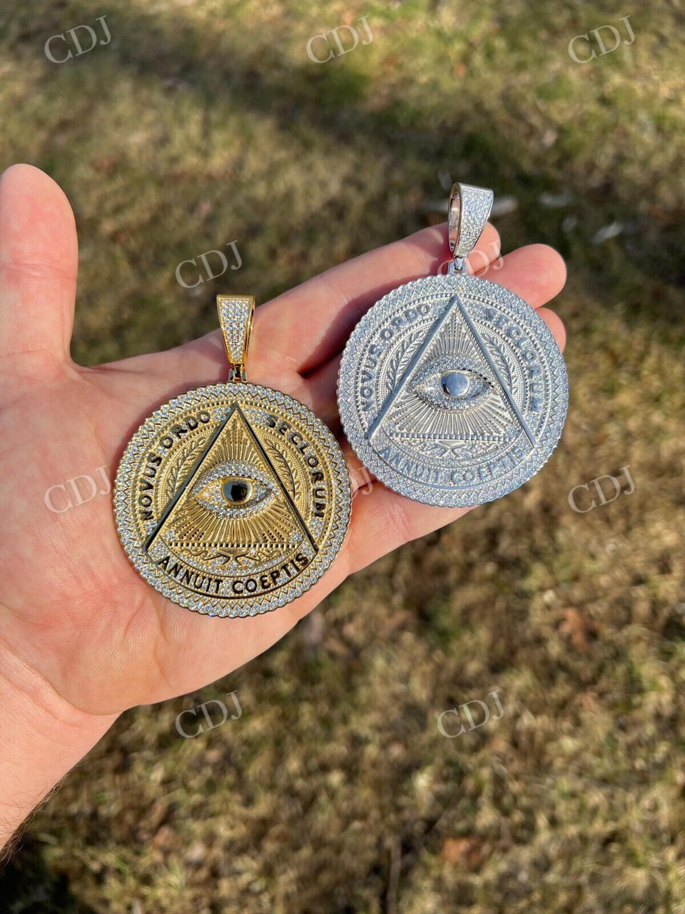 Gold All Seeing Illuminati Eye Masonic Medallion Pendant  customdiamjewel   