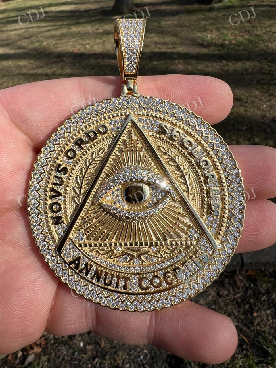 Gold All Seeing Illuminati Eye Masonic Medallion Pendant  customdiamjewel   