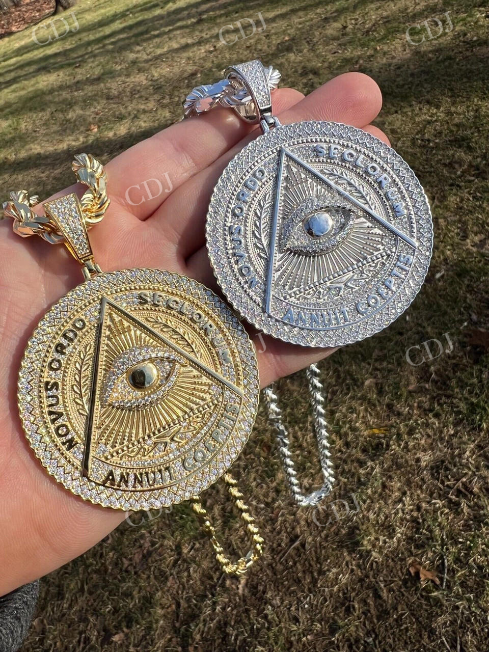 Gold All Seeing Illuminati Eye Masonic Medallion Pendant  customdiamjewel   