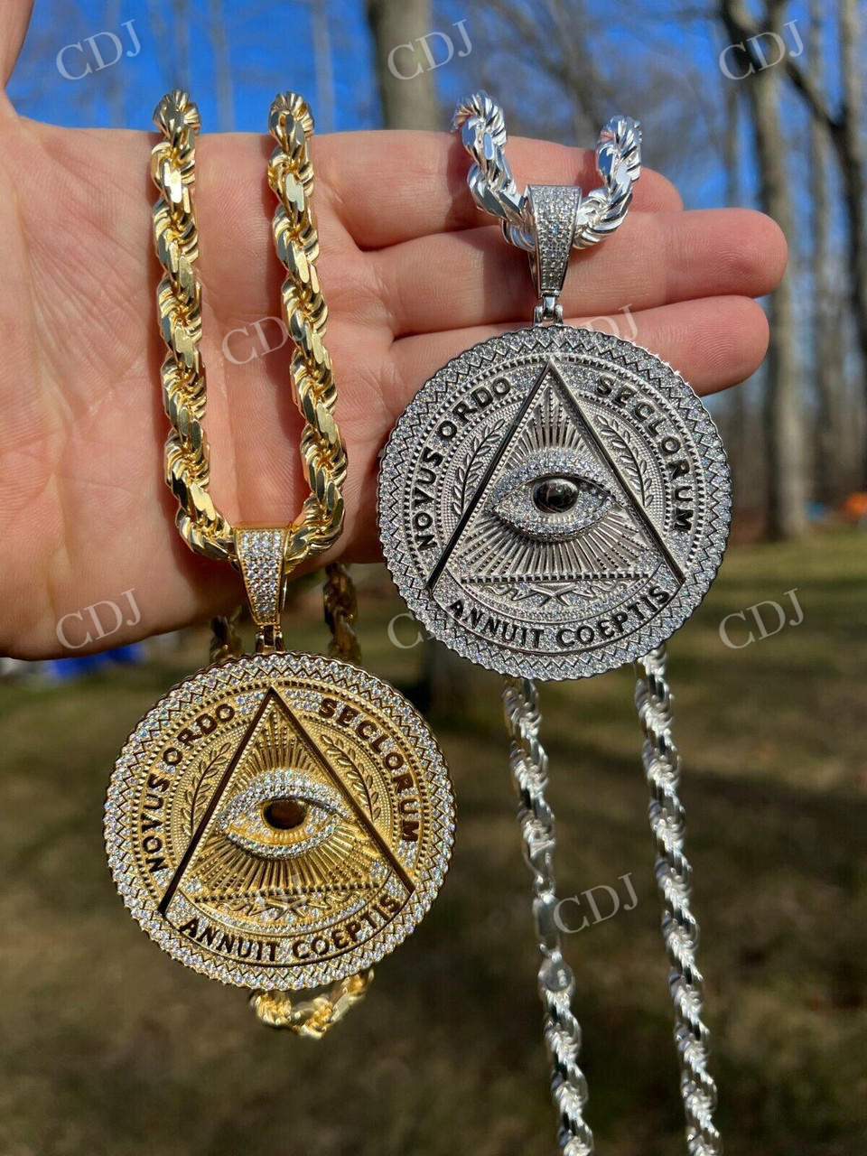 Gold All Seeing Illuminati Eye Masonic Medallion Pendant  customdiamjewel   