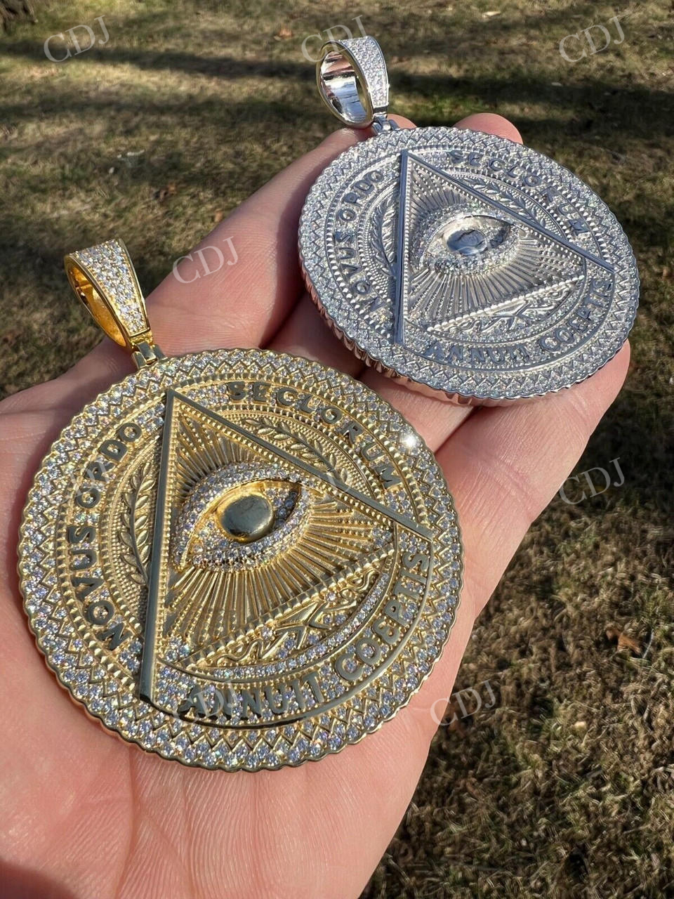 Gold All Seeing Illuminati Eye Masonic Medallion Pendant  customdiamjewel   