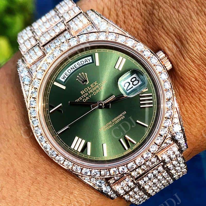 Rolex DayDate Green Dial Custom Diamond Watch  customdiamjewel   