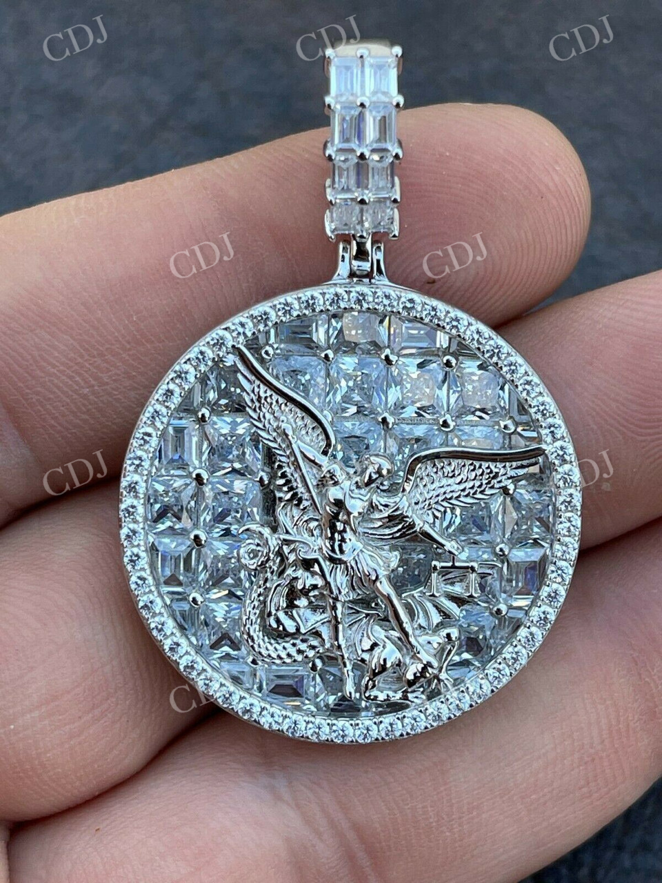 Iced Baguette & Round Diamond St Michael Archangel Pendant  customdiamjewel   