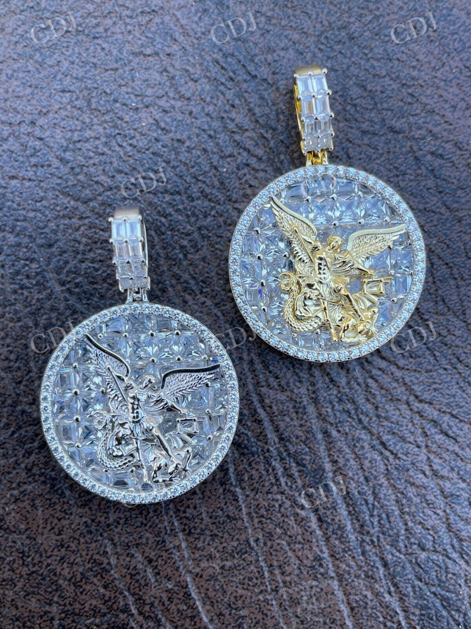 Iced Baguette & Round Diamond St Michael Archangel Pendant  customdiamjewel   