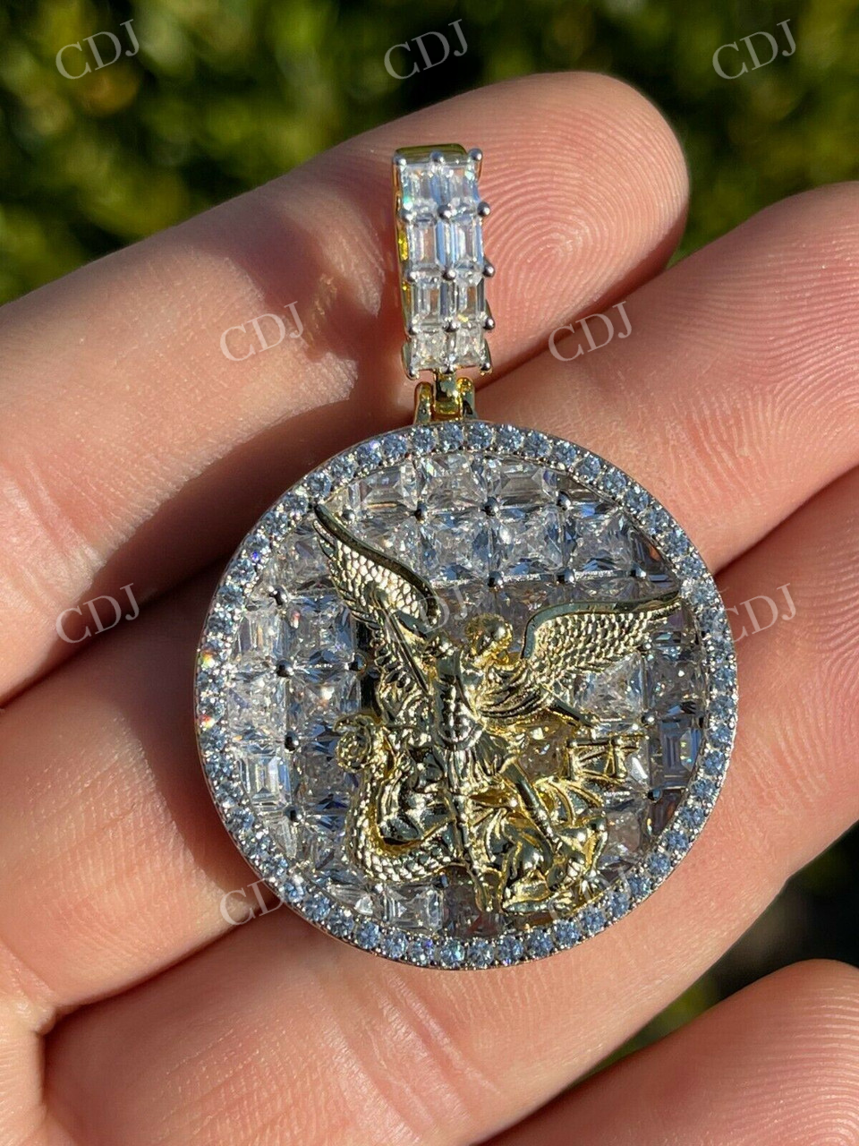 Iced Baguette & Round Diamond St Michael Archangel Pendant  customdiamjewel   