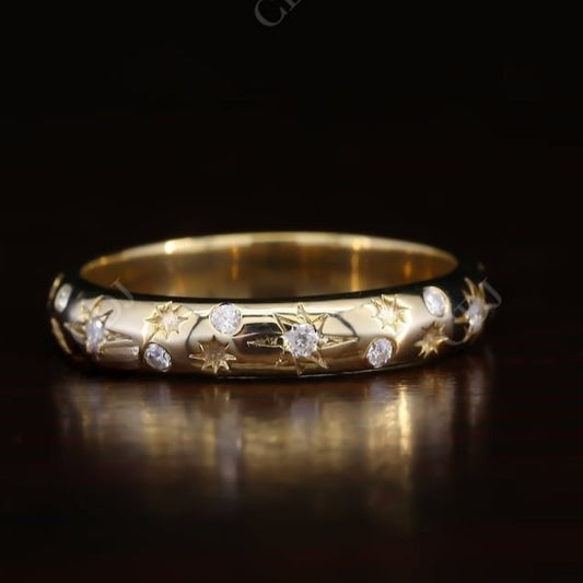 0.24CT Round Cut Real Dimaond Vintage Starburst Wedding Band  customdiamjewel 10 KT Solid Gold Yellow Gold VVS-EF