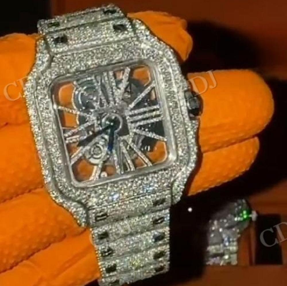 Full Iced Out Moissanite Diamond Studded Cartier Skeleton Watch hip hop jewelry customdiamjewel   