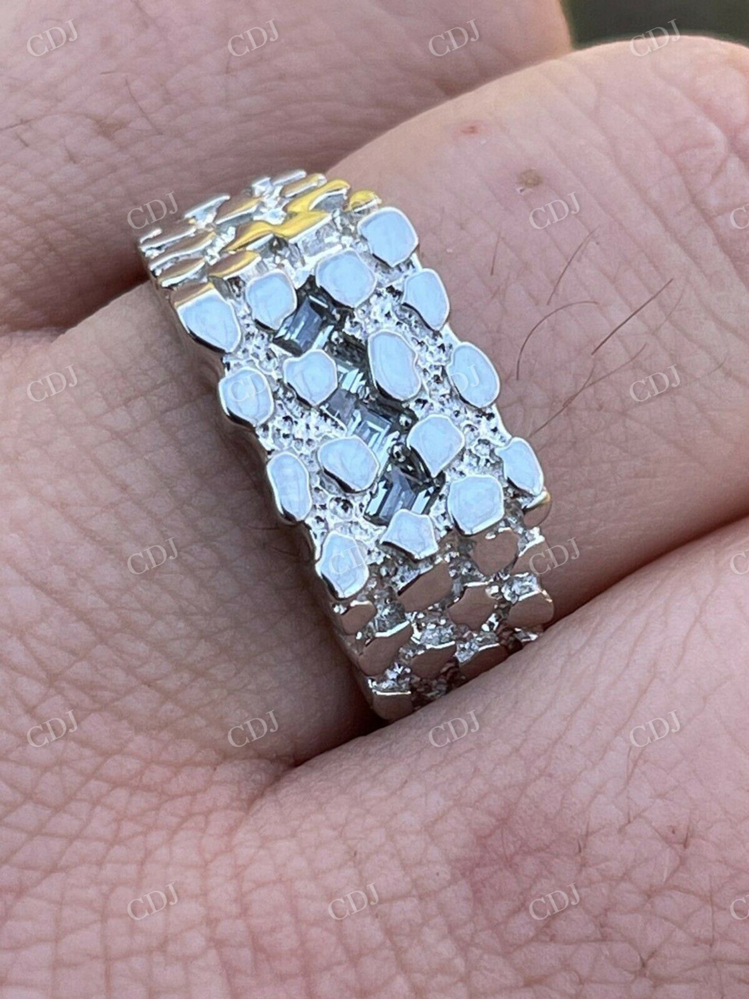 Iced Baguette Diamonds Silver Nugget Ring  customdiamjewel   