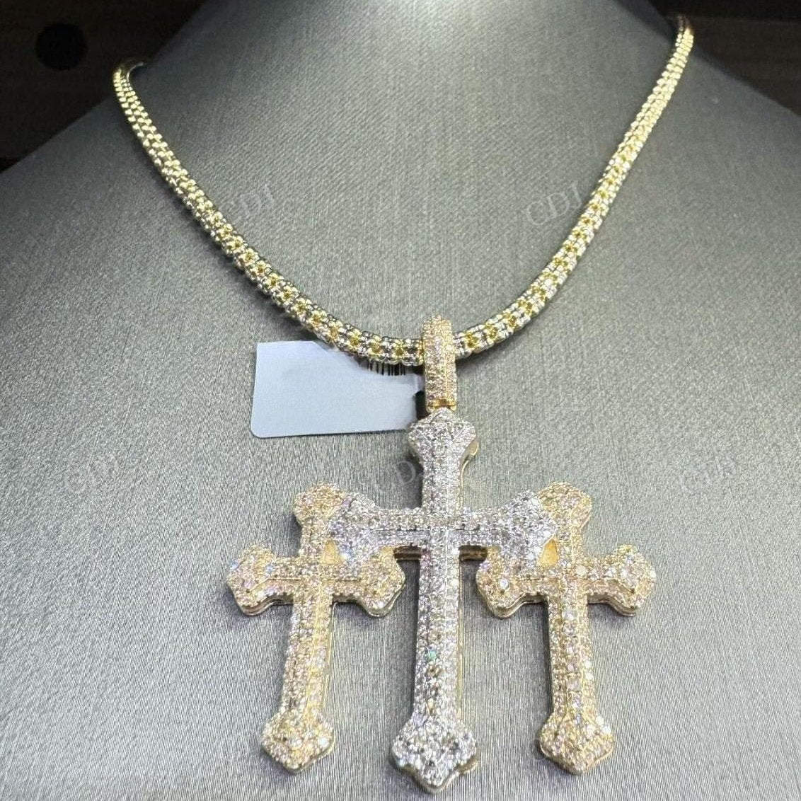 Yellow And White Gold Two Tone Diamond Three Cross Pendant hip hop jewelry customdiamjewel   