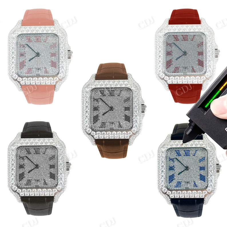 Real Diamond Brown Leather Band Automatic Roman Dial Watch Fully Bust Down Hip Hop Bling Watch  customdiamjewel   