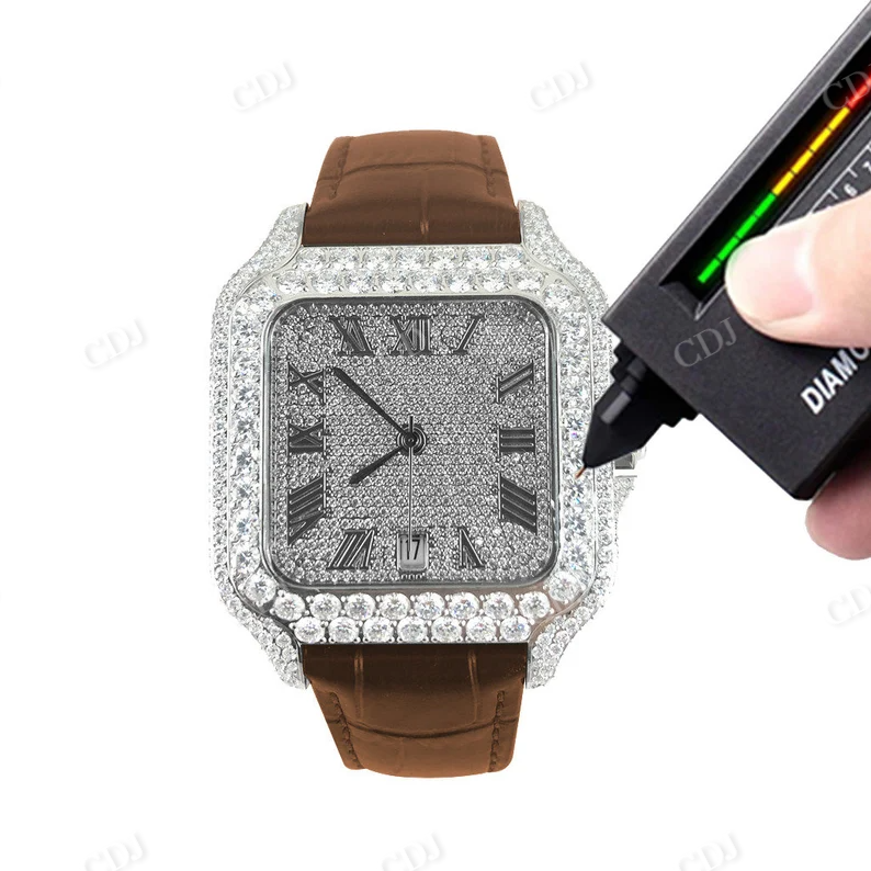 Real Diamond Brown Leather Band Automatic Roman Dial Watch Fully Bust Down Hip Hop Bling Watch  customdiamjewel   