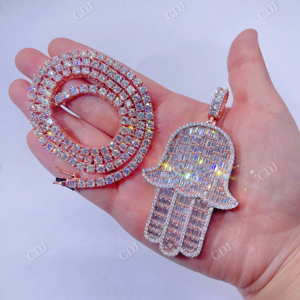 Baguette Cut Diamond Hamsa Pendant For Men  customdiamjewel   