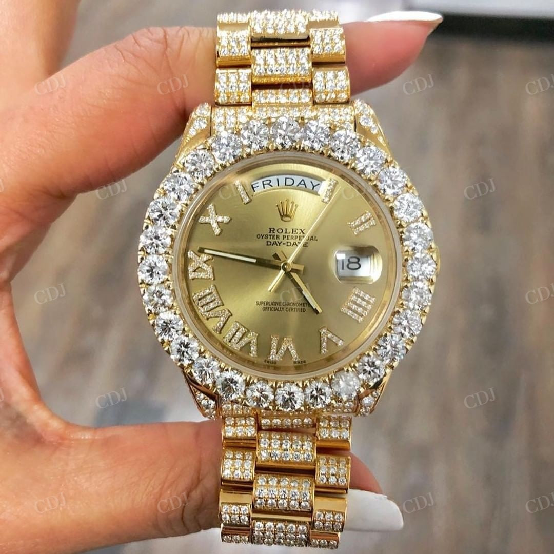 Gold Pelted Stainless Steel Rolex Diamond Watch  customdiamjewel   