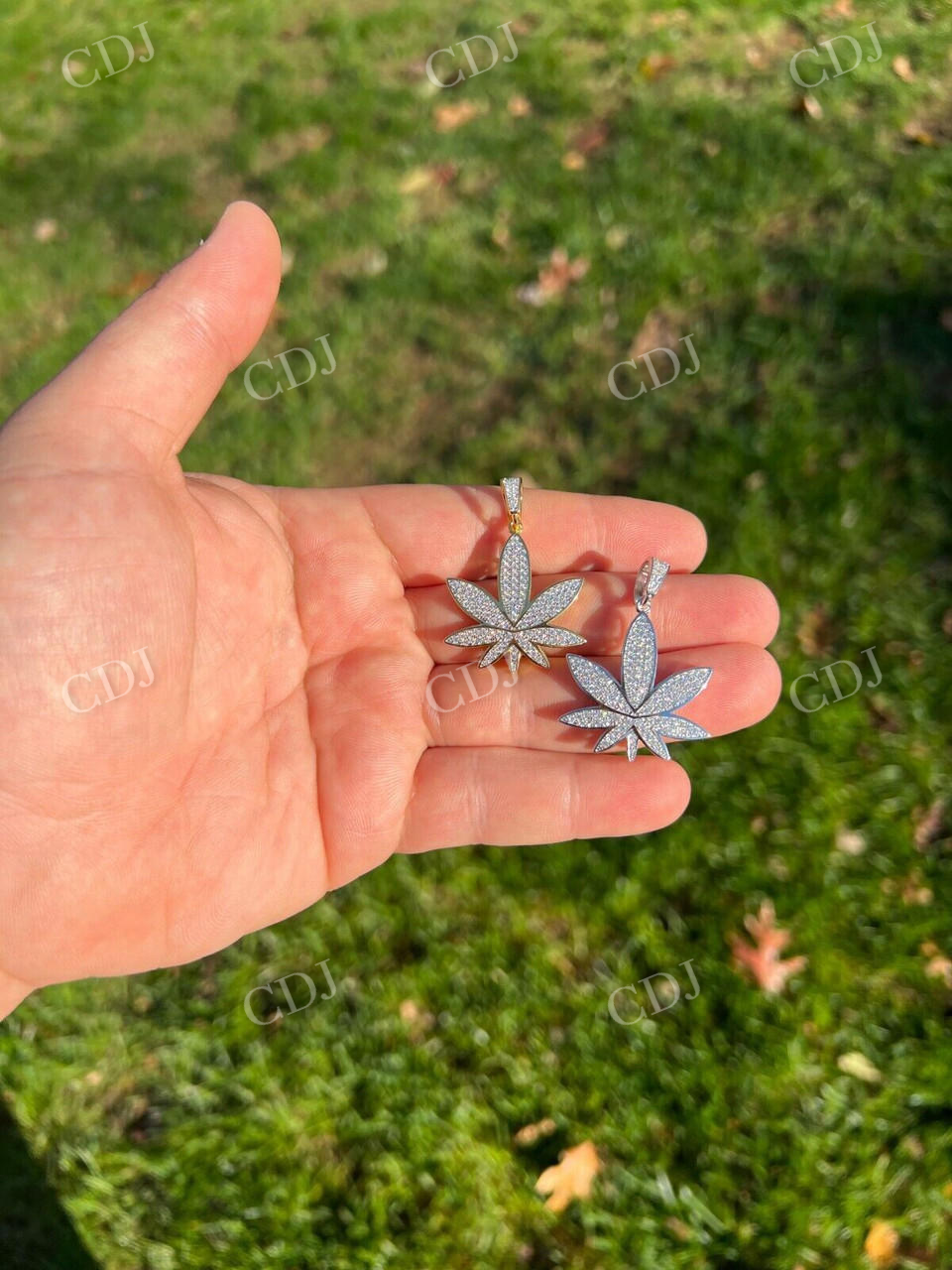 14K Gold Round Diamond Marijuana Weed Pendant  customdiamjewel   