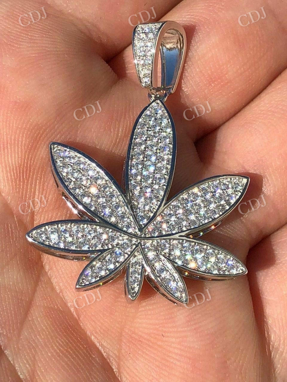 14K Gold Round Diamond Marijuana Weed Pendant  customdiamjewel   