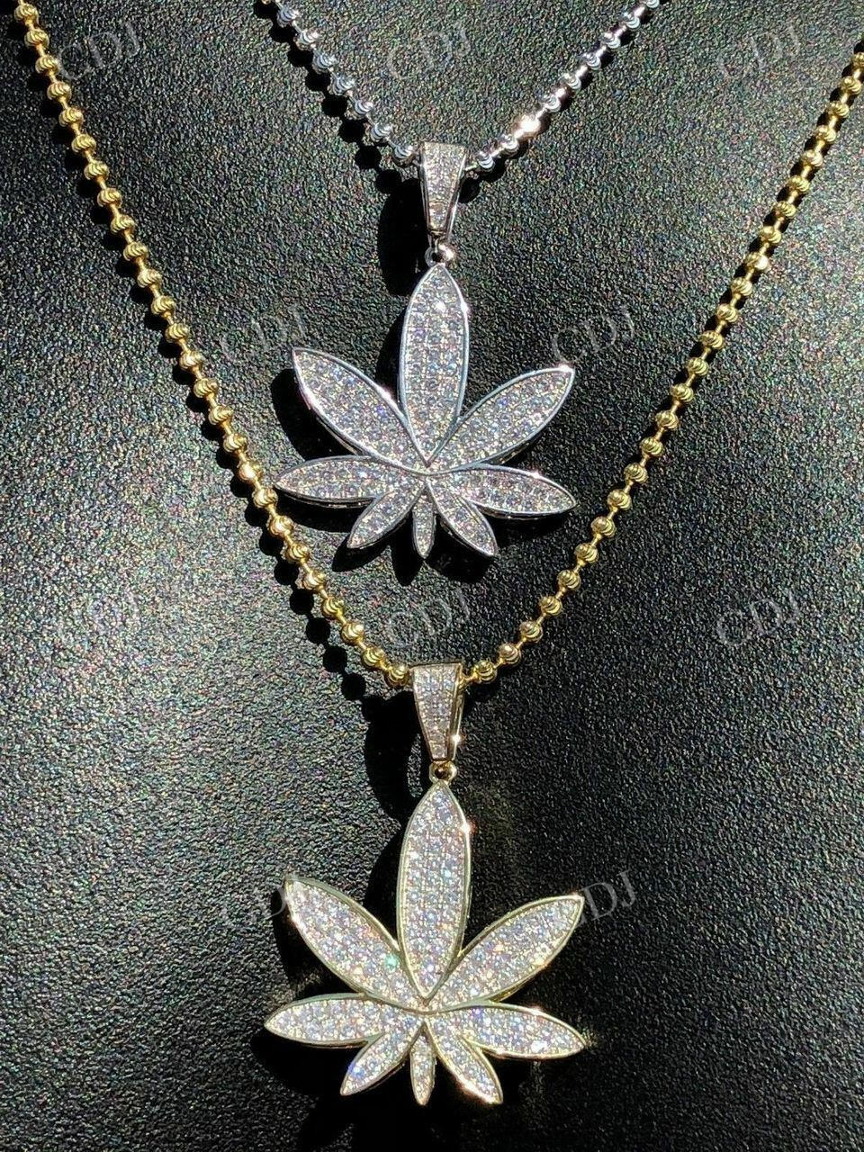 14K Gold Round Diamond Marijuana Weed Pendant  customdiamjewel   